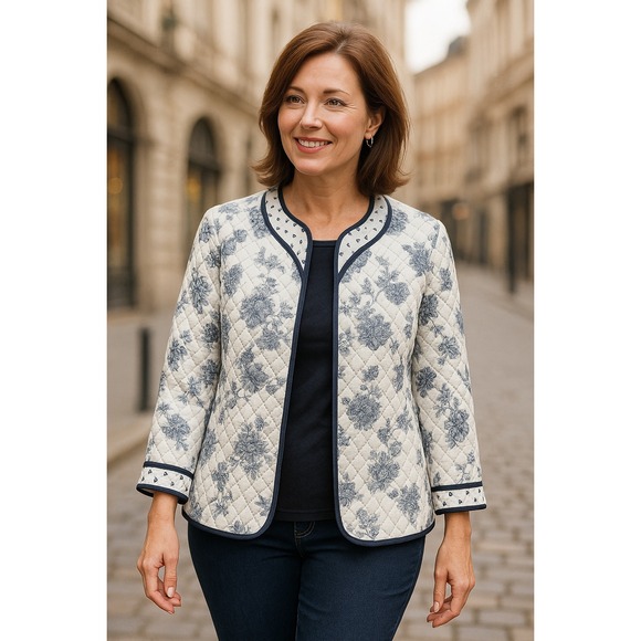 BonWorth XL Quilted Jacket Toile Floral Print Open Front Coat Casual Chic - Picture 1 of 9